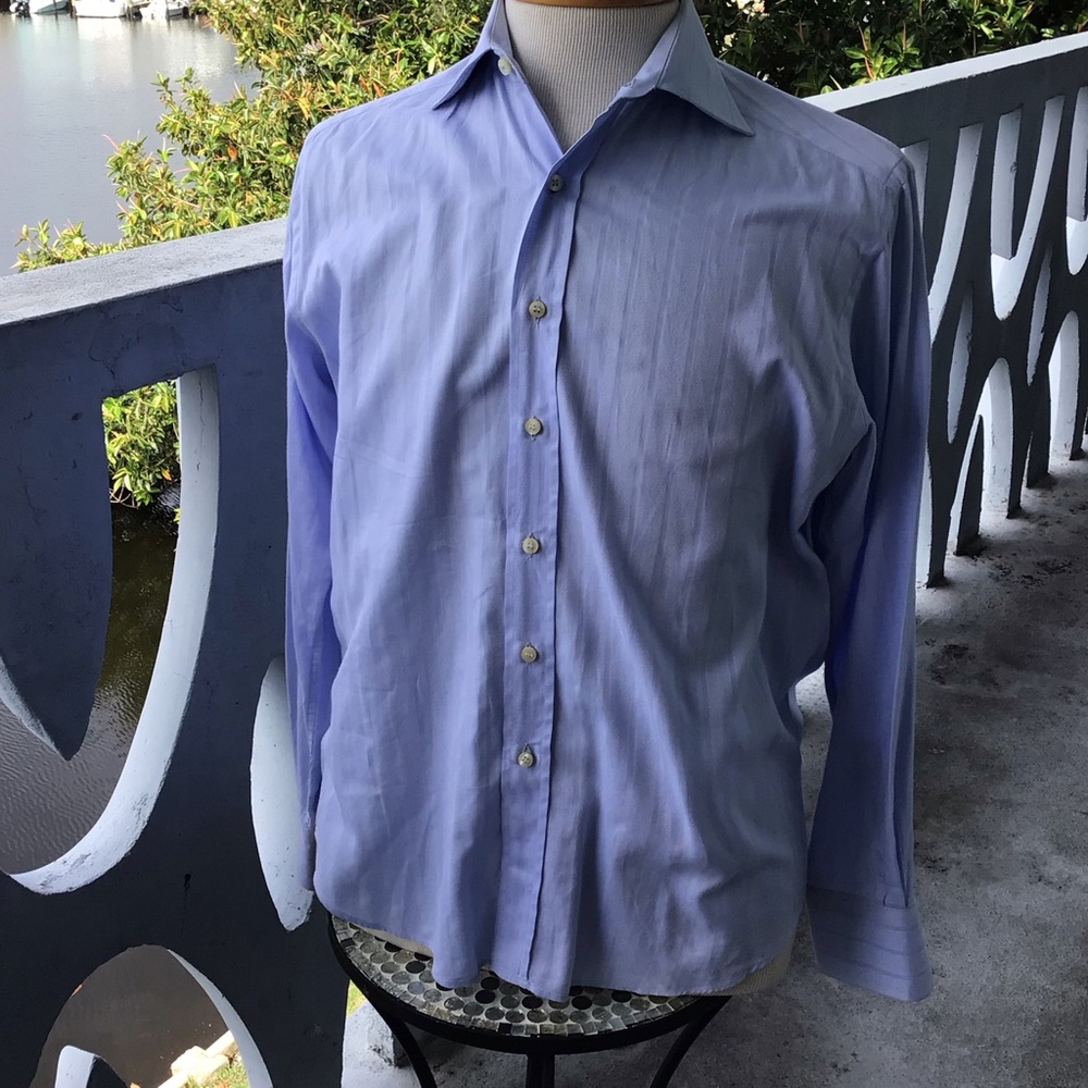 Valentino Baby Blue Herringbone/Striped 100% Cotton Long Sleeved Button Shirt